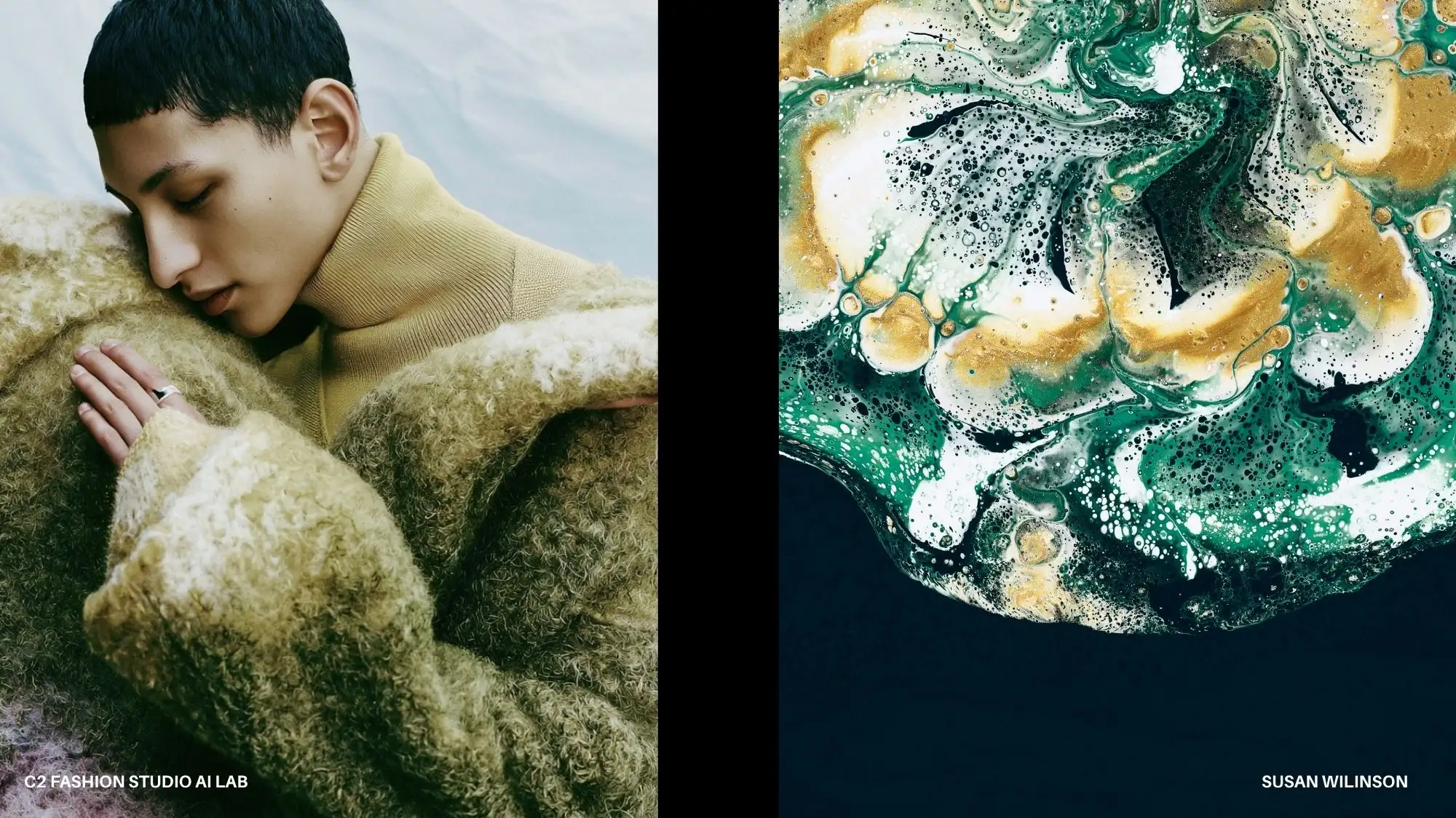 Bio-Tech Matter trend forecast for Autumn Winter 2027 2028 combining tactile organic knitwear with cellular, fluid material formations from C2 Fashion Studio Trend Forecasting.