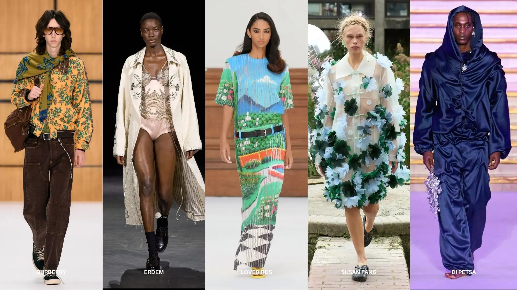 London Fashion Week Spring Summer 2027 women’s fashion trends featuring Burberry, Erdem, Lovebirds, Susan Fang and Di Petsa, curated by C2 Fashion Studio.