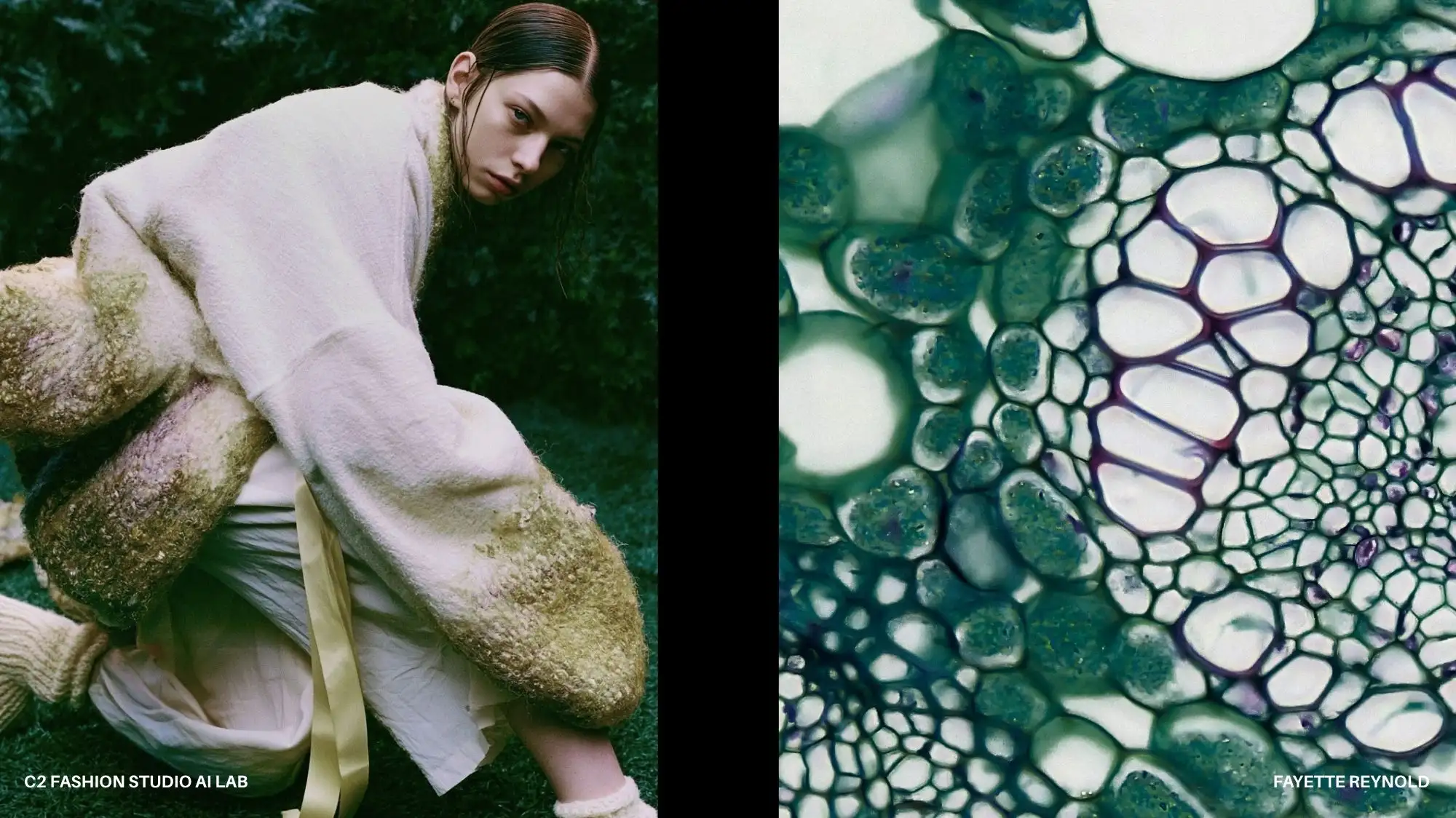 Bio-Tech Matter fashion trend for Autumn Winter 2027 2028 pairing sculptural organic textiles with cellular structures inspired by living systems, from C2 Fashion Studio Trend Forecasting.