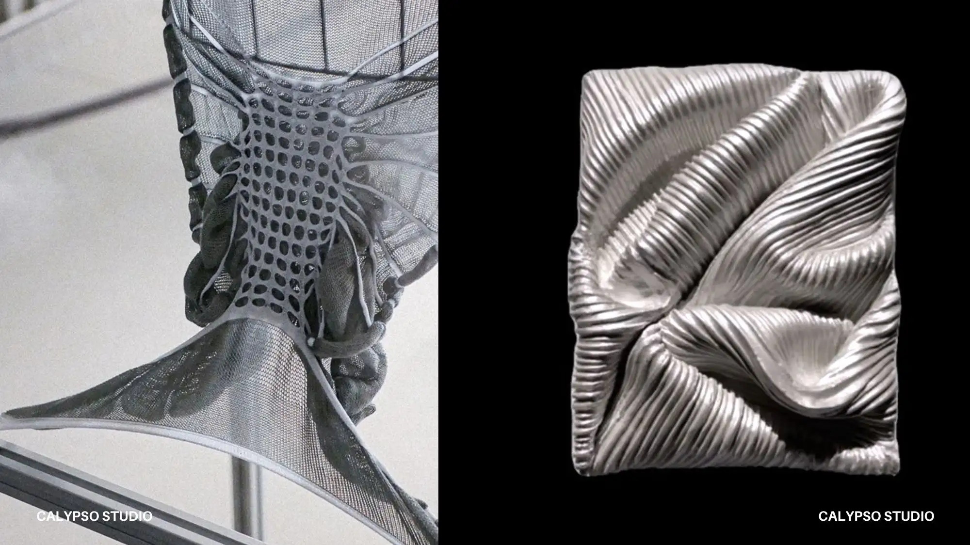 Adaptive mesh footwear and sculptural metallic surface exploring responsive structures and Material Intelligence for Autumn Winter 2027/28 by C2 Fashion Studio.