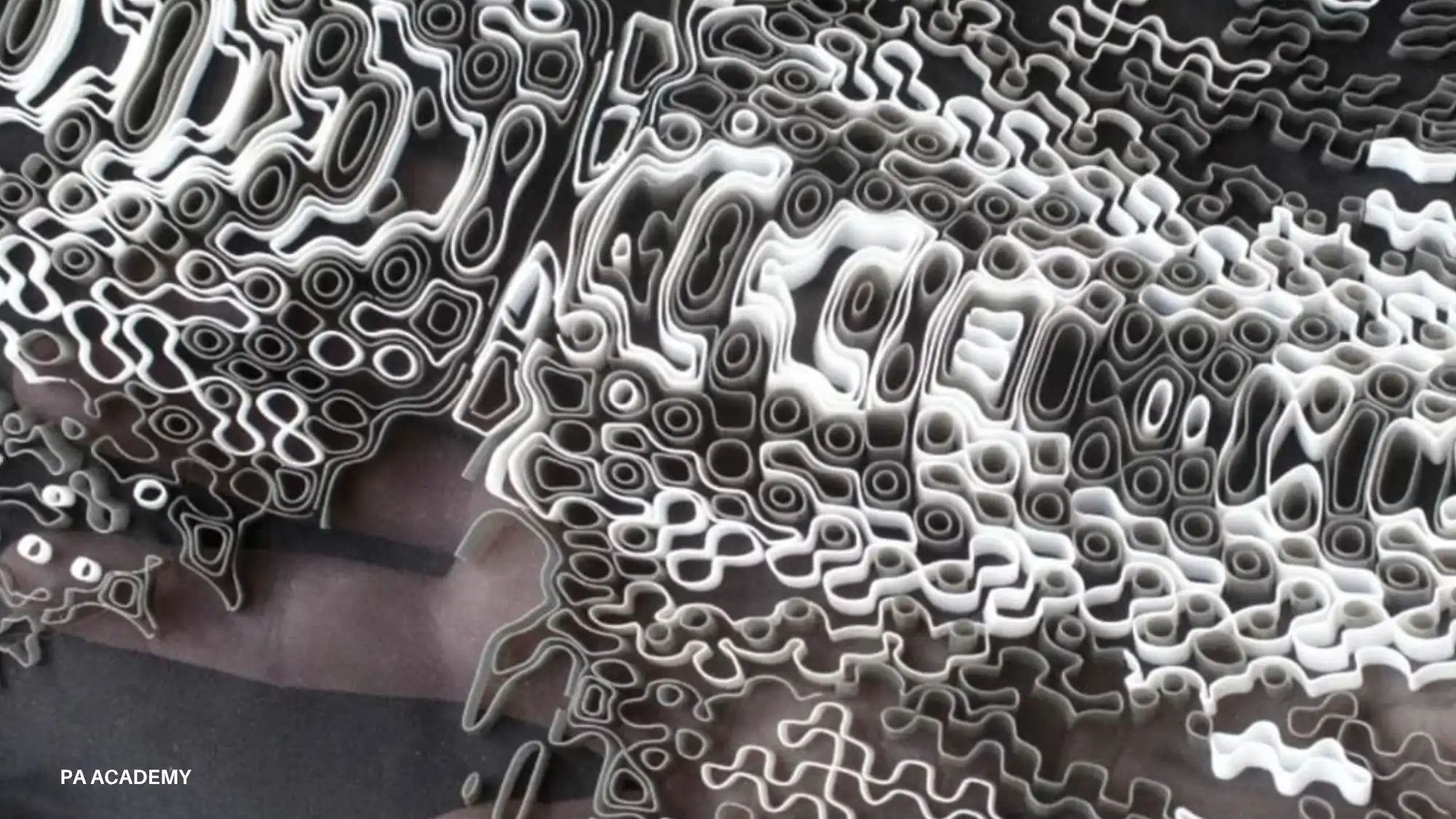 Intricate 3D textile structure with cellular layers and organic geometries illustrating Material Intelligence for Autumn Winter 2027/28 by C2 Fashion Studio.