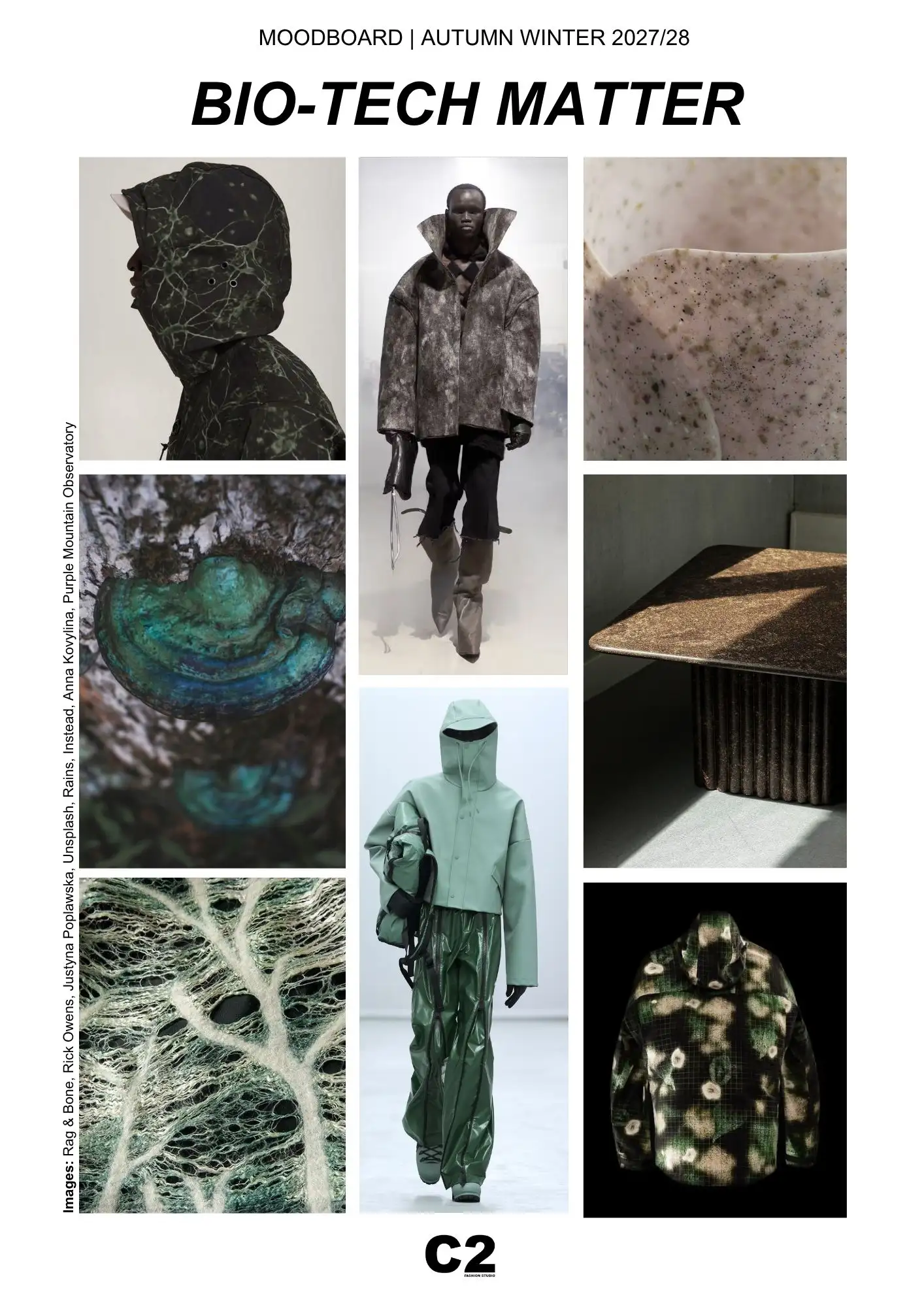 Bio-Tech Matter moodboard for Autumn Winter 2027 2028 exploring bio-inspired fashion, mycelium structures, organic surfaces and regenerative materials by C2 Fashion Studio Trend Forecasting.
