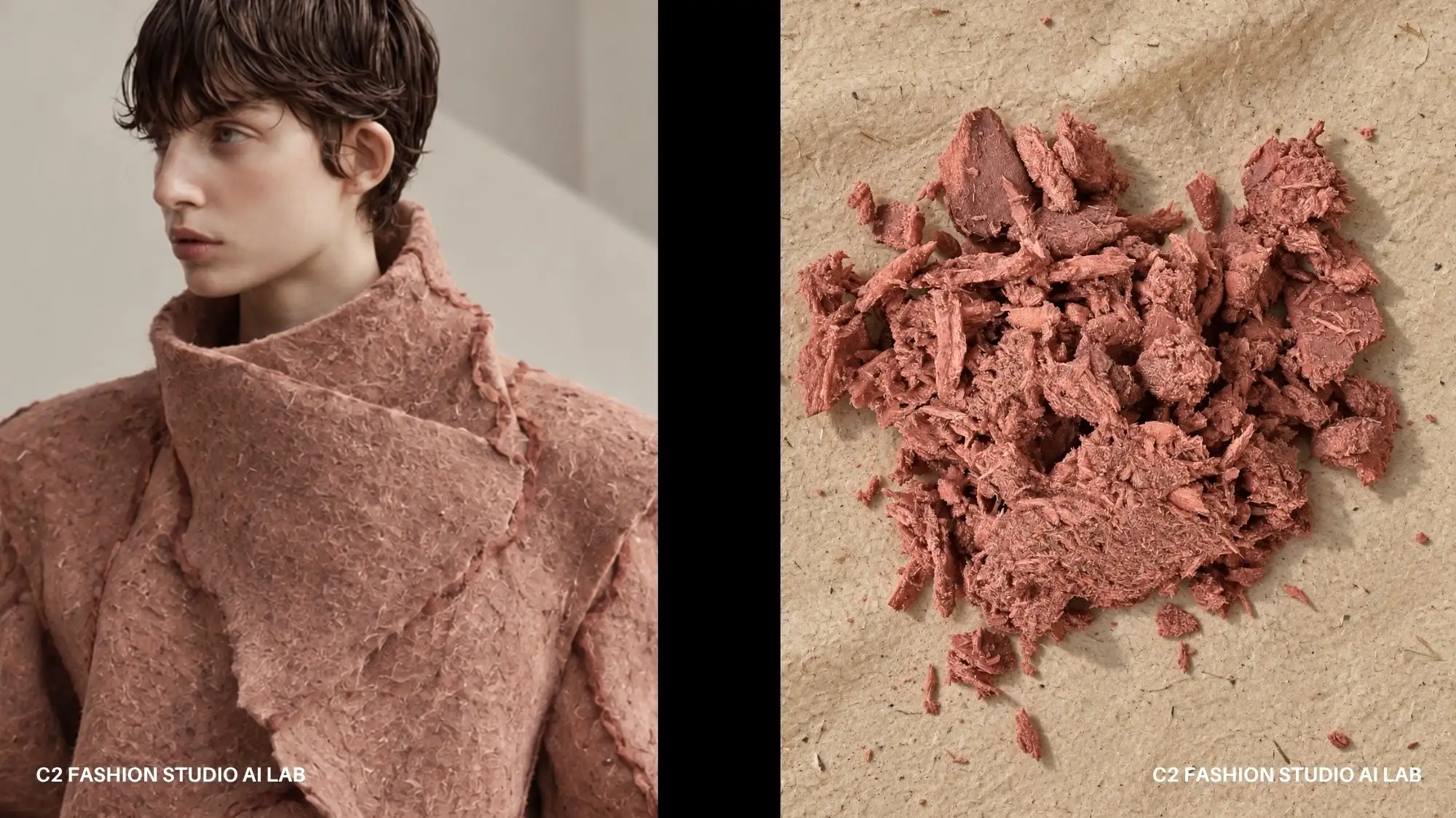 Living Intelligence Autumn Winter 2028 2029 trend showing raw bio-based material transformed into sculptural fashion by C2 Fashion Studio Trend Forecasting.
