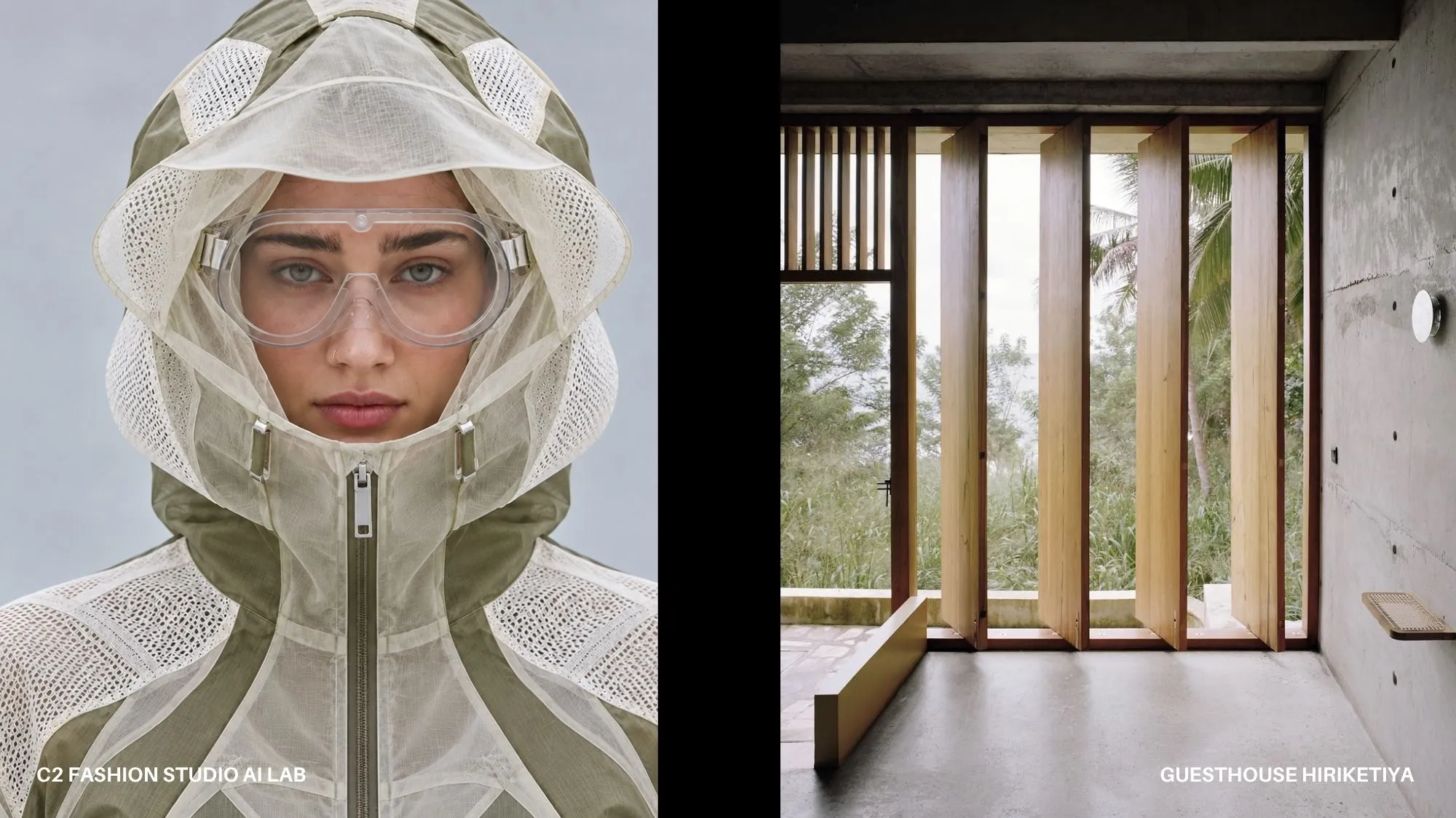 Climate adaptation trends towards 2036 by C2 Fashion Studio, featuring futuristic protective fashion with breathable technical textiles alongside climate-responsive architecture and natural ventilation design.