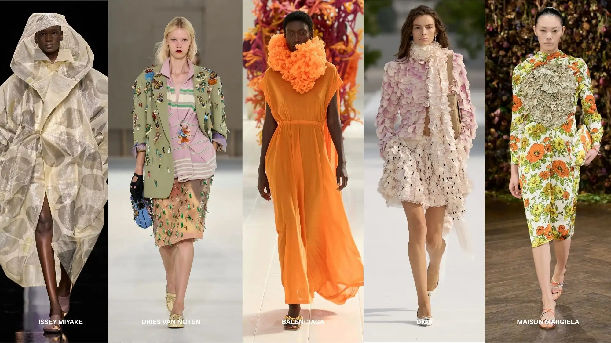 Paris Fashion Week Spring Summer 2027 runway trends featuring Issey Miyake, Dries Van Noten, Balenciaga, Dior and Maison Margiela.