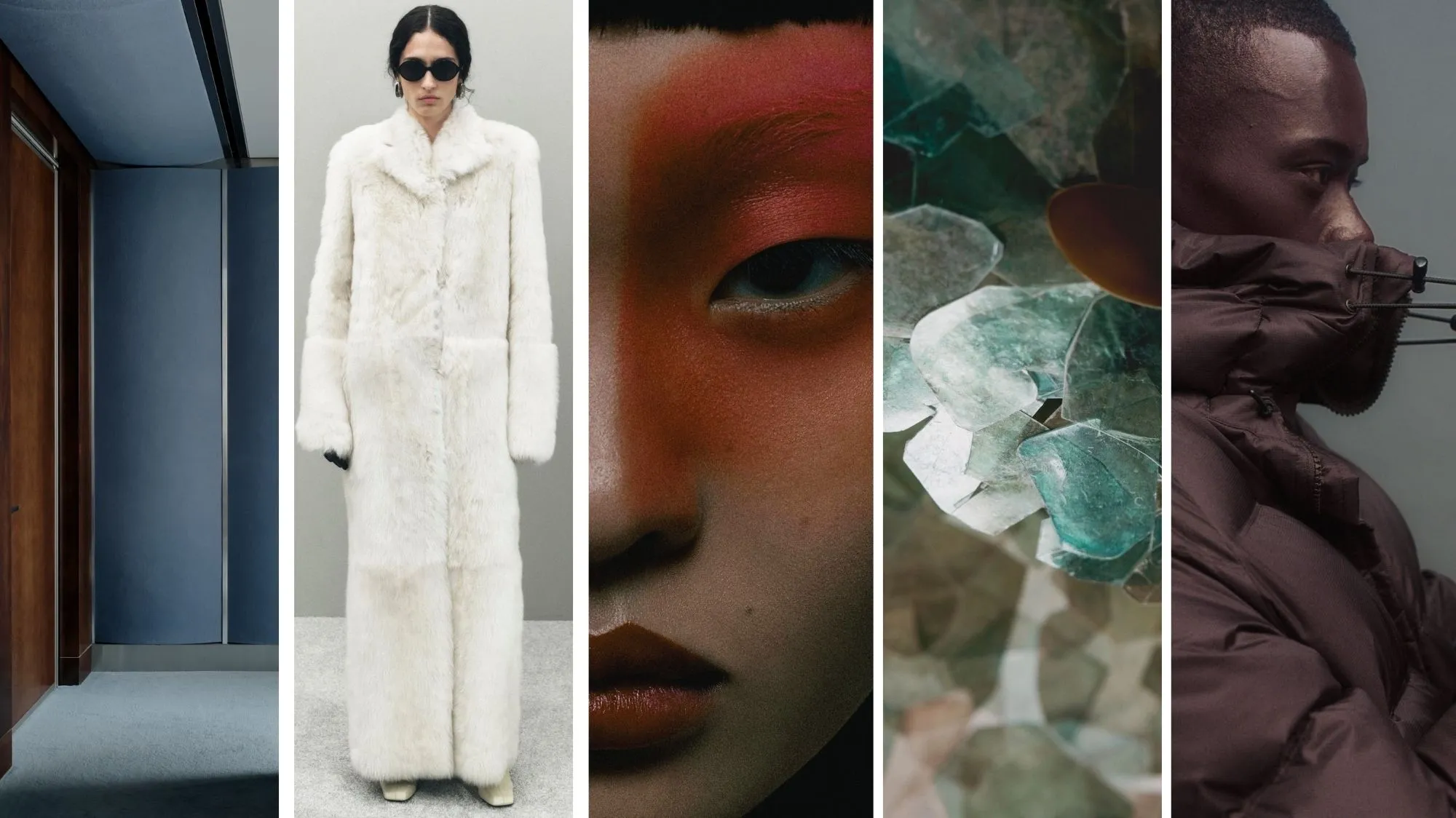 Autumn Winter 2028 2029 color trends by C2 Fashion Studio, featuring Blue Heaven, Ice, Aurora Red, Malachite Green and Raisin across fashion, beauty, nature and architecture.