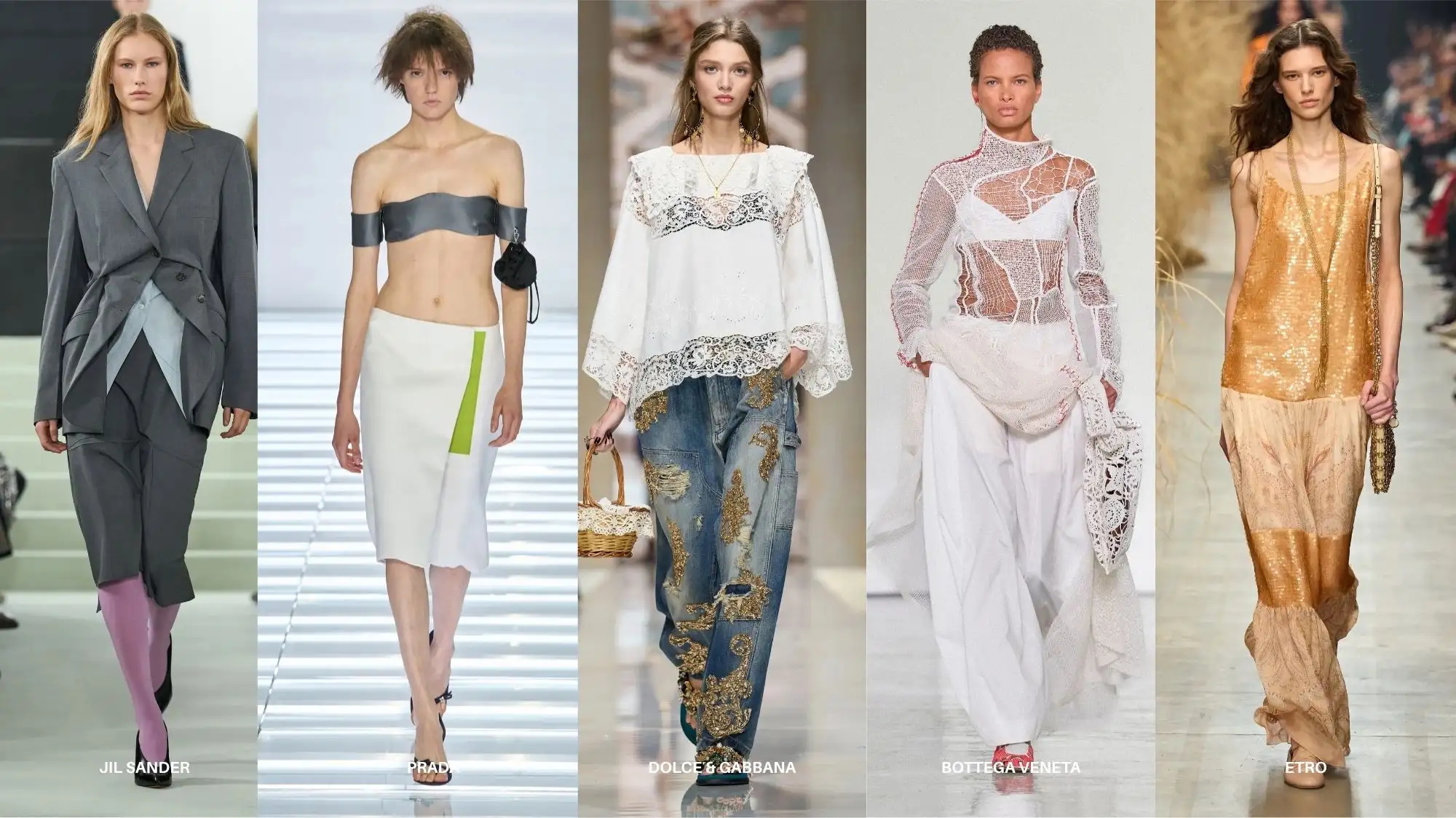 Milan Fashion Week Spring Summer 2027 runway trends featuring Jil Sander, Prada, Dolce & Gabbana, Bottega Veneta and Etro.