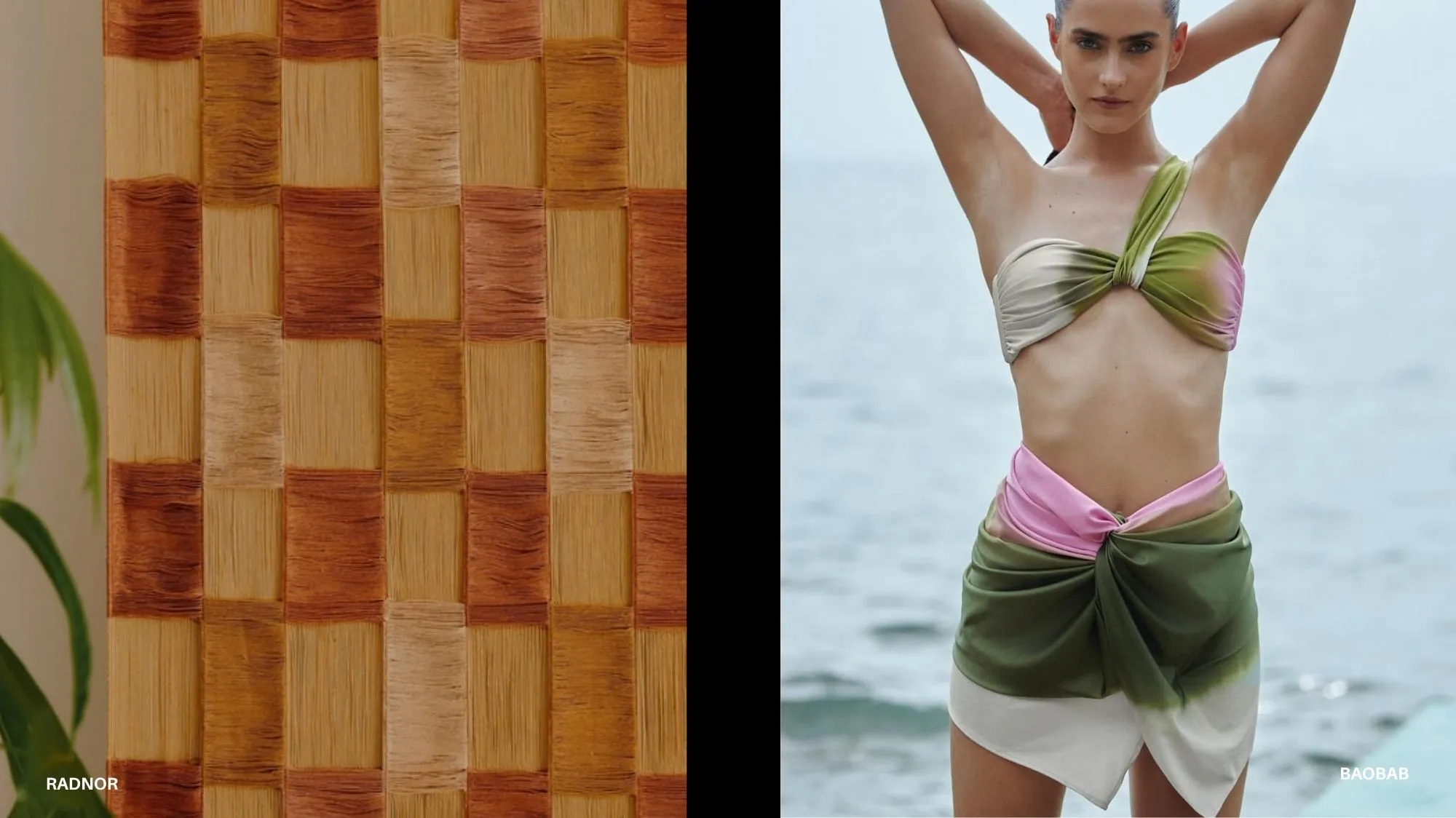 Spring Summer 2028 Beachwear Trends featuring a multicoloured twisted bikini and draped sarong in pastel green, pink and ivory, alongside a woven textile pattern. C2 Fashion Studio Trend Intelligence.