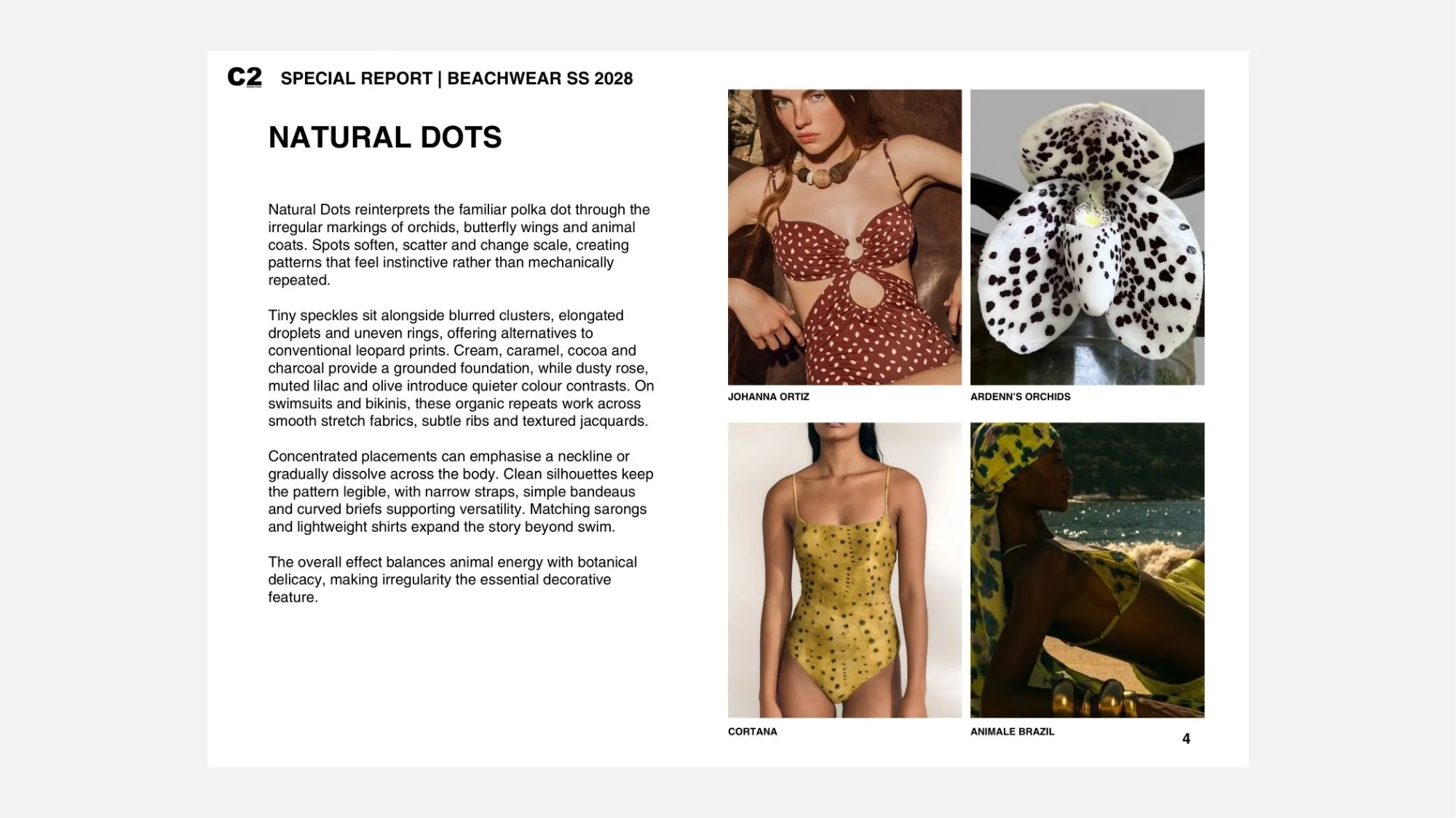 C2 Fashion Studio Spring Summer 2028 Beachwear Trend Forecasting Special Report presenting Natural Dots, featuring organic spotted swimwear, orchid-inspired patterns and nature-influenced prints.