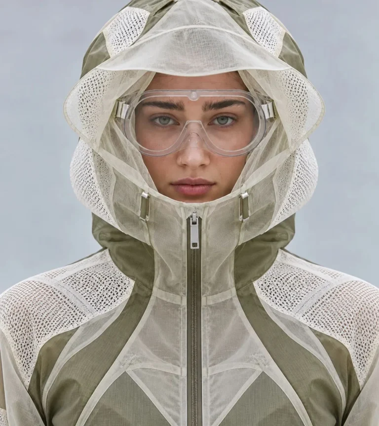 Climate adaptation fashion trends 2036 by C2 Fashion Studio, featuring futuristic protective clothing, breathable technical textiles and innovative sustainable materials.