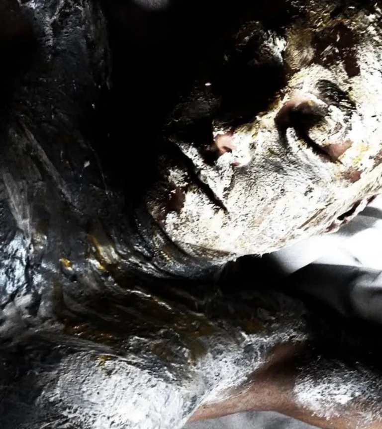 Abstract beauty portrait with textured black and white pigments exploring body and wellness trends, self-expression and future trend forecasting by C2 Fashion Studio.